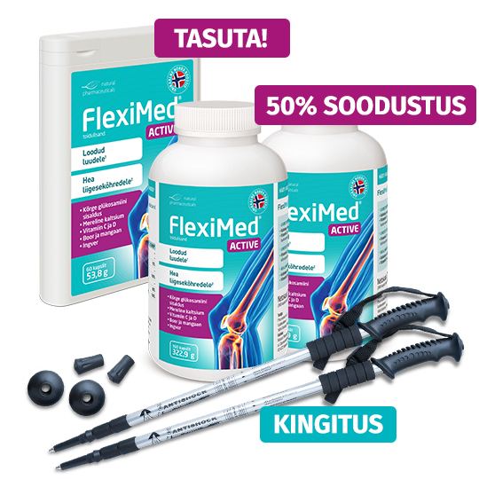 Natural Pharmaceuticals Fleximed® Active Fleximed® Active toidulisandite komplekt Norra retsepti järgi: üks pakend tasuta, kaks suuremat pakendit (322,9 g) 50% allahindlusega. Komplektis kingitus – paar matkakeppe. Reklaamtekstid: „TASUTA!”, „50% SOODUSTUS” ja „KINGITUS”.
