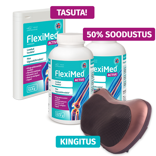Natural Pharmaceuticals FlexiMed® Active FlexiMed® Active toidulisandite komplekt Norra retsepti järgi: üks pakend tasuta, kaks suuremat pakendit (322,9 g) 50% allahindlusega. Komplektis kingitus – paar matkakeppe. Reklaamtekstid: „TASUTA!”, „50% SOODUSTUS” ja „KINGITUS”.