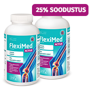 Natural Pharmaceuticals Fleximed® Active Kaks pakendit Fleximed® Active toidulisandit, mis toetab luid ja liigesekõhreid. Ülaosas on nähtav lilla bänner kirjaga „25% SOODUSTUS”.