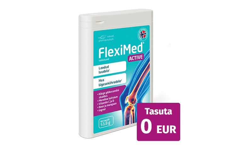 Natural Pharmaceuticals Fleximed® Active Fleximed® Active toidulisandi pakend Norra retseptiga, sisaldab 60 kapslit (53,8 g). Nähtav põlveliigese kujutis. Pakendi kõrval on lilla märge kirjaga: „Tasuta 0 EUR”.