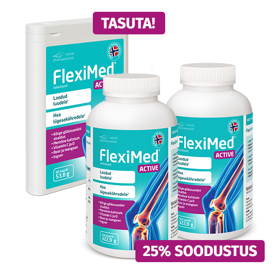 Natural Pharmaceuticals Fleximed® Active Fleximed® Active toidulisandite komplekt Norra retsepti järgi – kolm pakendit, üks neist märkega „TASUTA!”, sooduskampaania „25% SOODUSTUS”.