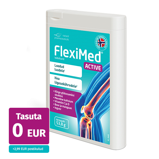 Natural Pharmaceuticals Fleximed® Active Fleximed® Active luude ja liigesekõhreid toetava toidulisandi pakend, millel on märge „Tasuta 0 EUR” ja märkus saatmiskulude kohta: „+2,99 EUR postikulud”.