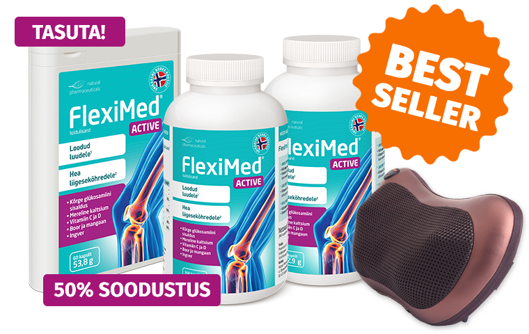Natural Pharmaceuticals FlexiMed® Active FlexiMed® Active toidulisandite komplekt liigeste graafikuga, märge „BEST SELLER”, teave 50% allahindluse ja tasuta nordic walking kepide kohta.